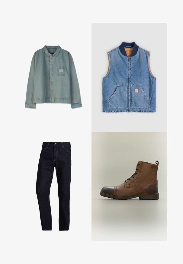 Ærmeløs lys blå denimvest med lynlås foran, to skrånende lommer, marineblå krave og beige inderfor.; Lys blå denimjakke med spidse krave, lange ærmer, brystlomme og synlige sømme; afslappet pasform og slidt tekstur.; Mørkeblå denim jeans med lige pasform, med gul syning, fem lommer og en klassisk knap- og lynlås lukning.; Brun læderstøvle med snørebånd, sort tåhætte, rund sål og mærket detalje på siden mod ensfarvet baggrund.