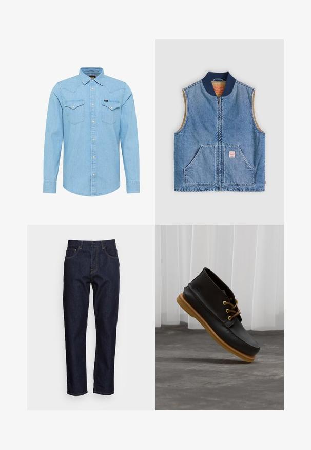 Chaleco sin mangas de mezclilla azul claro con cremallera frontal, dos bolsillos inclinados, cuello azul marino y forro interior beige.; Camisa de mezclilla azul claro de manga larga con cierre de botones, dos bolsillos en el pecho con botones, cuello puntiagudo y pequeño logo de Lee en el bolsillo izquierdo.; Vaqueros de mezclilla azul oscuro con corte recto, cinco bolsillos y costuras amarillas en contraste. Diseñados con un cierre clásico de botón y cremallera.; Zapatos de cuero negro con un acabado suave, punta redonda, cordones marrones y suelas de goma marrón claro. Logo embossado en el costado.