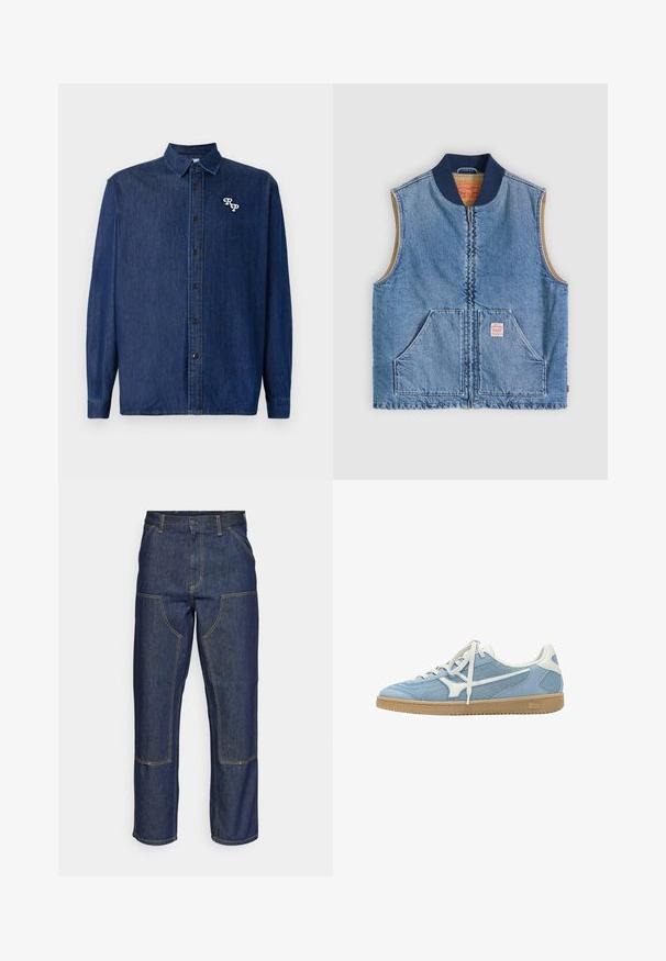 Ærmeløs lys blå denimvest med lynlås foran, to skrånende lommer, marineblå krave og beige inderfor.; Mørkeblå denimskjorte med knappelukning foran, lange ærmer og spids krave. Har en hvid broderet "RP"-logo.; Mørkeblå denim jeans med høj talje, lige ben-design, kontrastsyninger og lappelommer foran.; Lyseblå og hvide lave sneakers med mesh og ruskindsoverdel, hvide snørebånd og gummisål.