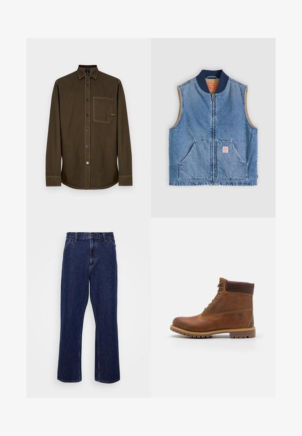 Ærmeløs lys blå denimvest med lynlås foran, to skrånende lommer, marineblå krave og beige inderfor.; Langærmet mørkebrun skjorte med knapper, krave, enkelt brystlomme og synlige syninger på hvid baggrund.; Mørkeblå denim jeans med lige ben-design, der har knaplukning, fem lomme-stil og diskrete syninger.; Brun læder vandrestøvle med en glat finish, polstret ankel, metalliske snørehuller og en gummisål med et robust dækmønster.