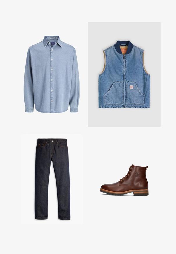 Mouwloos lichtblauw denimvest met ritssluiting aan de voorkant, twee schuine zakken, marineblauwe kraag en beige voering.; Lichtblauwe denim lange mouw knoophemd met kraag en witte knopen, weergegeven tegen een effen witte achtergrond.; Donkerblauwe spijkerbroek met een rechte pasvorm, vijf zakken, koperen klinknagels, gele stiksels en een duidelijke textuur in de stof.; Bruine leren enkellaars met ronde neus, vetersluiting, contrasterende hak en zolen, en een reliëflogo op de zijkant.