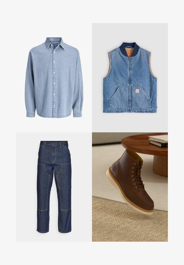 Ærmeløs lys blå denimvest med lynlås foran, to skrånende lommer, marineblå krave og beige inderfor.; Lysblå denim skjorte med lange ærmer og knapper, med krave og hvide knapper, præsenteret mod en helt hvid baggrund.; Mørkeblå denim jeans med høj talje, lige ben-design, kontrastsyninger og lappelommer foran.; Brune læderankelstøvle med beige sål på et struktureret beige tæppe ved siden af et rundt træbord med stakke af bøger.
