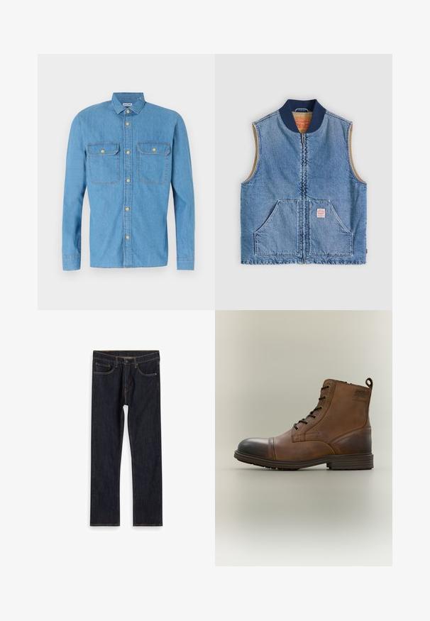 Veste sans manches en denim bleu clair avec fermeture éclair frontale, deux poches inclinées, col bleu marine et doublure intérieure beige.; Chemise en denim bleu clair à manches longues, fermeture à boutons sur le devant, deux poches poitrines, col pointu et boutons dorés. Texture lisse, design décontracté.; Jean droit en denim bleu foncé avec poches avant, passants de ceinture et coutures orange contrastées, posé à plat sur un fond blanc.; Botte cheville en cuir marron à lacets avec bout noir, semelle ronde et détail de marque sur le côté sur fond uni.