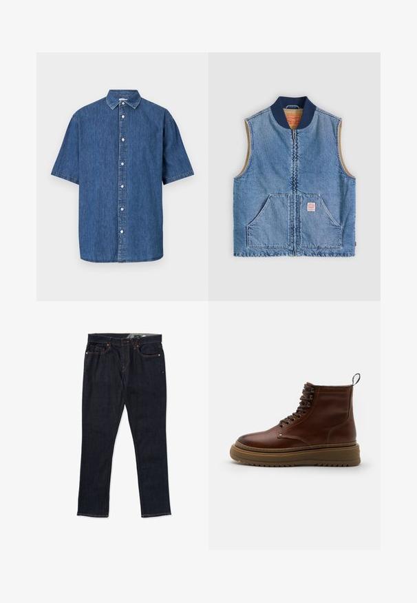 Mouwloos lichtblauw denimvest met ritssluiting aan de voorkant, twee schuine zakken, marineblauwe kraag en beige voering.; Donkerblauwe spijkerbloes met korte mouwen. Beschikt over een knoopsluiting aan de voorkant, een klassieke kraag en gestikte details langs de randen.; Donkerdenim jeans met een rechte pijp, oranje stiksels, vijf-pocketontwerp en een klassieke knoop- en ritssluiting.; Bruine leren enkelboot met ronde neus, vetersluiting aan de voorkant, gewatteerde opstaande kraag en dikke rubberen zool met een gestreept patroon.