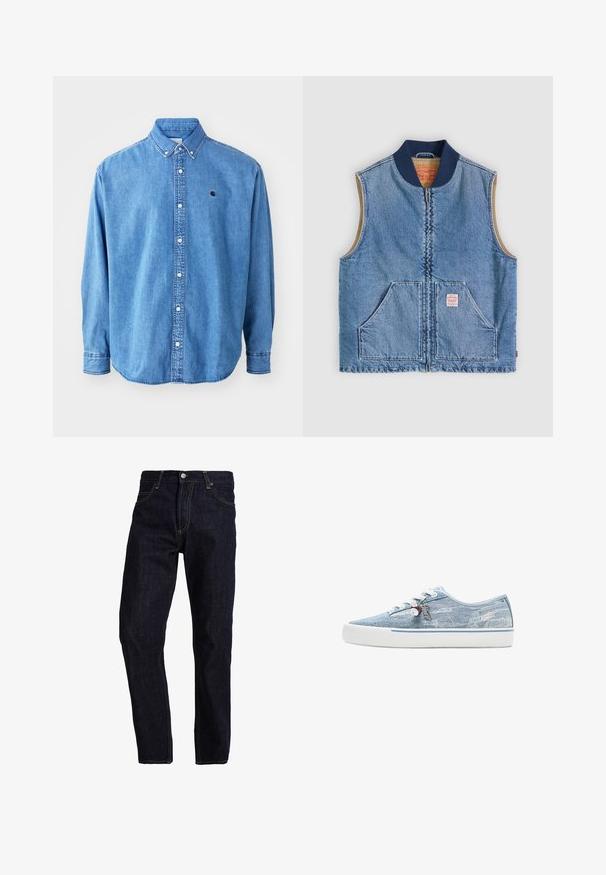 Ærmeløs lys blå denimvest med lynlås foran, to skrånende lommer, marineblå krave og beige inderfor.; Denim button-down skjorte, lyseblå i farven, med krave, lange ærmer og et lille logo på brystet. Har hvide knapper og syninger.; Mørkeblå denim jeans med lige pasform, med gul syning, fem lommer og en klassisk knap- og lynlås lukning.; Lavtopet sneaker i lyseblåt denim med hvid gummisål, hvide snørebånd og dekorative charms, der hænger fra de sideplacerede snørehuller.