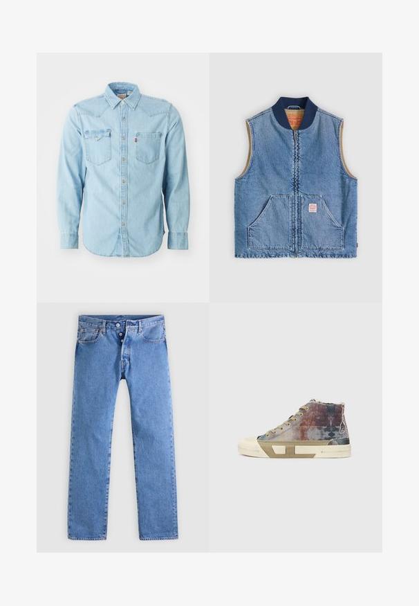 Ærmeløs lys blå denimvest med lynlås foran, to skrånende lommer, marineblå krave og beige inderfor.; Lys blå denim skjorte med lange ærmer, spids krave, to brystlommer, sølvnapsknapper og kontrastsyninger. Glat tekstur.; Lyseblå denimjeans med et lige ben design, fem lommer og to-knaps lynlås. Har minimal falmen og kontrastsyning.; Høje sneakers med en multifarvet lærredsoverdel med falmede mønstre, beige sål og minimalistisk design. Eksponeret syning og detaljer.