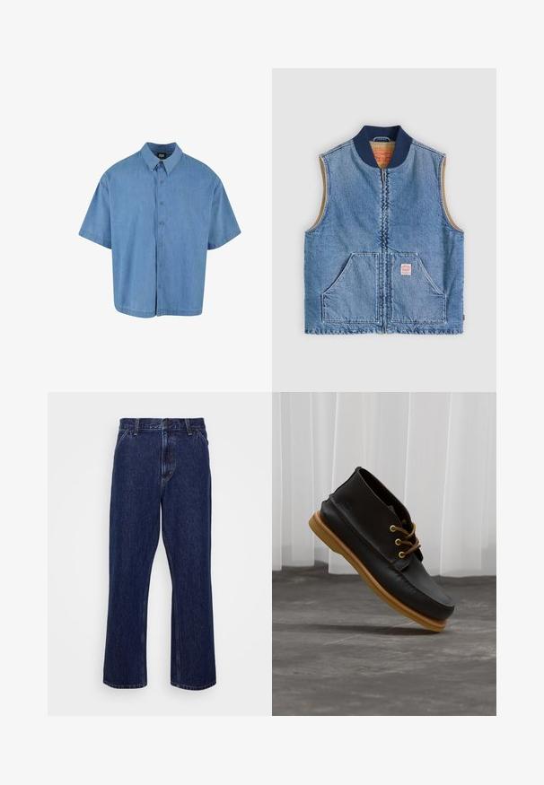 Ærmeløs lys blå denimvest med lynlås foran, to skrånende lommer, marineblå krave og beige inderfor.; Lyseblå kortærmet skjorte med knapper lavet af denim. Har en klassisk krave og seks knaplukninger foran.; Mørkeblå denim jeans med lige ben-design, der har knaplukning, fem lomme-stil og diskrete syninger.; Sorte lædersko med en glat overflade, rund tå, brune snørebånd og lysebrune gummisåler. Logo præget på siden.