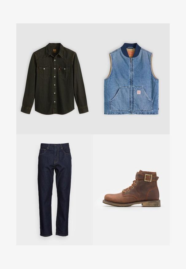 Mouwloos lichtblauw denimvest met ritssluiting aan de voorkant, twee schuine zakken, marineblauwe kraag en beige voering.; Zwart denim overhemd met lange mouwen, puntige kraag, twee borstzakken, zilveren knopen en gele stiksels. Klassiek westers ontwerp.; Donkerblauwe spijkerbroeken met een rechte snit, vijf zakken en contrasterende gele stiksels. Ontworpen met een klassieke knoop- en ritssluiting.; Harley Davidson VNTGMOTO SHORT RIDING APPROVED - Cowboy-/Bikerlaarsjes - brown