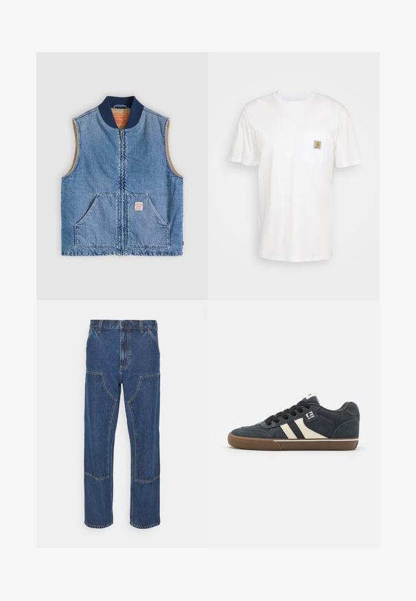 Ærmeløs lys blå denimvest med lynlås foran, to skrånende lommer, marineblå krave og beige inderfor.; Hvid bomulds T-shirt med korte ærmer, en brystlomme, og et lille firkantet logo patch i orange og hvid på lommen.; Blå denim jeans med lige ben, frontlappelommer og kontrasterende syninger. Stoffet har en klassisk tekstur og finish.; Mørkeblå ruskinds sneakers med cremefarvede striber, sorte snørebånd og en brun gummisål. Har polstret krave og logo på siden.