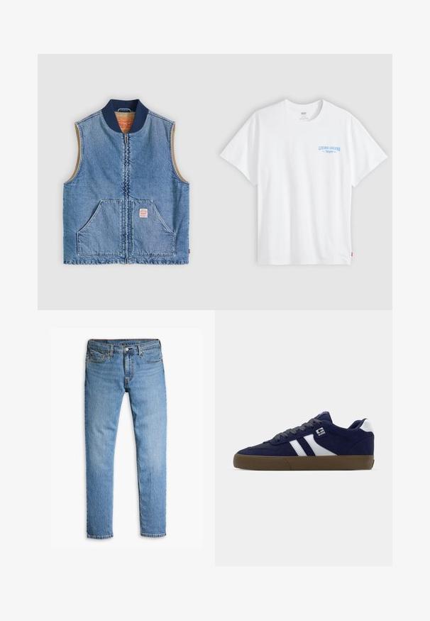 Mouwloos lichtblauw denimvest met ritssluiting aan de voorkant, twee schuine zakken, marineblauwe kraag en beige voering.; Wit T-shirt met korte mouwen, met kleine blauwe tekst "LIVING LEGEND" gedrukt op de linkerborst, tegen een effen grijze achtergrond.; Lichtblauwe denim jeans met een recht-toe-rechtaan ontwerp, vijf zakken, zichtbare stiksels en een knoopsluiting bij de taille.; Marineblauwe suede sneaker met witte strepen, grijze veters en een gestructureerde bruine rubberen zool. Heeft een logo aan de zijkant en een gevoerd kraagje.