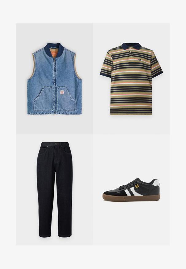 Chaleco sin mangas de mezclilla azul claro con cremallera frontal, dos bolsillos inclinados, cuello azul marino y forro interior beige.; Camisa polo de manga corta con cuello marino, base oliva y rayas horizontales en marino, coral y azul claro, con pequeño logo en el pecho.; Pantalones de mezclilla azul oscuro de corte relajado, con cierre de botón y cremallera, dos bolsillos frontales y detalles de costura.; Zapatillas en blanco y negro con parte superior de ante y cuero, que presentan franjas blancas, cordones negros y una suela de goma marrón. Acentos de logo dorados.