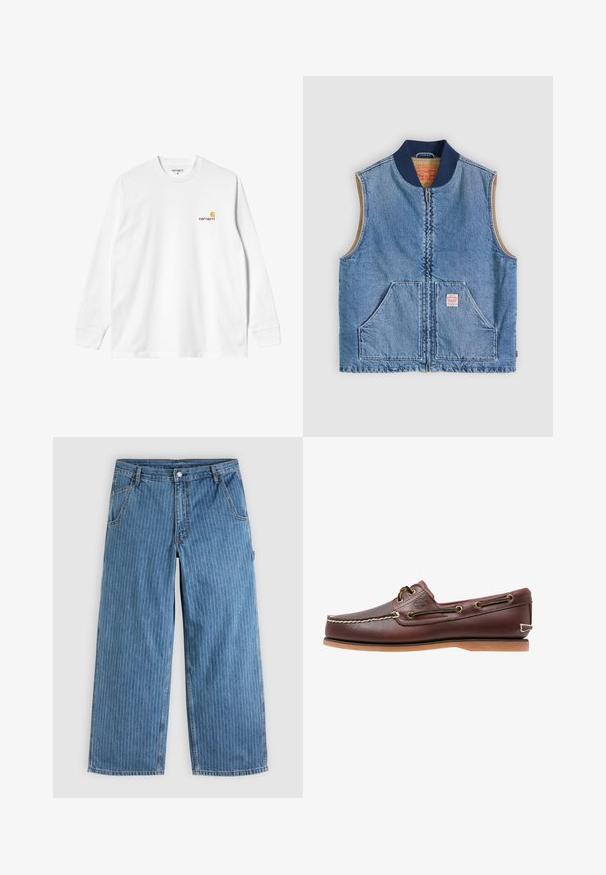Chaleco sin mangas de mezclilla azul claro con cremallera frontal, dos bolsillos inclinados, cuello azul marino y forro interior beige.; Camiseta blanca de algodón de manga larga con cuello redondo, que presenta un pequeño logo amarillo y burdeos en el lado izquierdo del pecho. Puños y dobladillo sin costuras.; Vaqueros azules de pierna ancha con delgadas rayas blancas verticales, bolsillos delanteros, trabillas para el cinturón y cierre con botón en la cintura.; Zapato náutico de cuero marrón con costuras blancas, detalles de cordones y suela de goma color coñac, mostrado de lado sobre un fondo blanco.