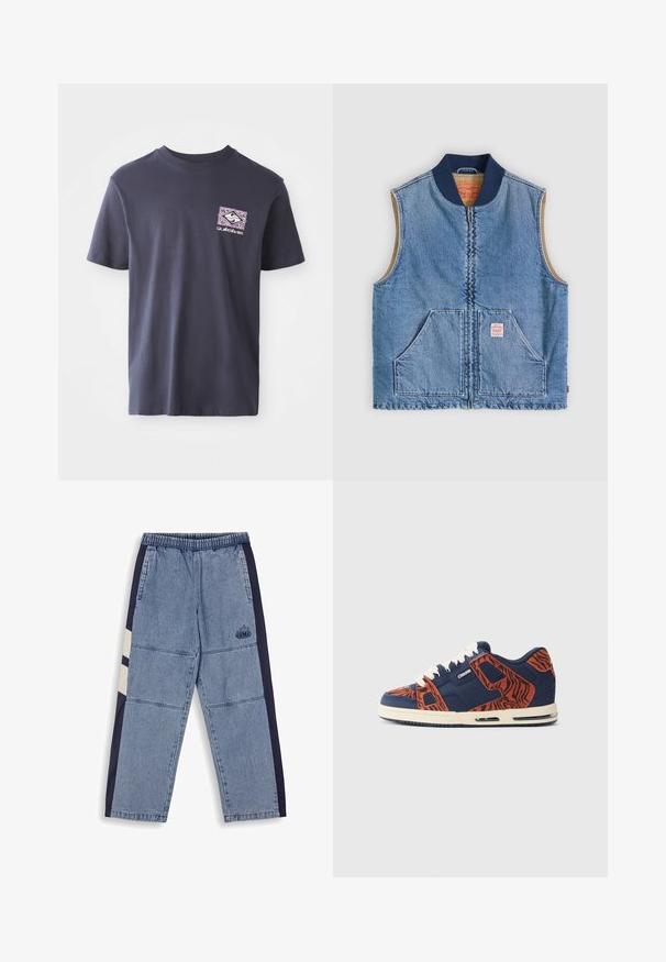 Chaleco sin mangas de mezclilla azul claro con cremallera frontal, dos bolsillos inclinados, cuello azul marino y forro interior beige.; Camiseta de algodón azul marino con cuello redondo y mangas cortas. Presenta un estampado gráfico geométrico en púrpura y blanco en el lado izquierdo del pecho.; Pantalones de mezclilla con una cinturilla elástica, con un tejido principal azul claro, paneles laterales en azul marino y un pequeño diseño de logo en una pierna.; Zapatilla baja azul marino y naranja con patrón de rayas de tigre y cordones blancos, que cuenta con una suela acolchada y logo lateral.