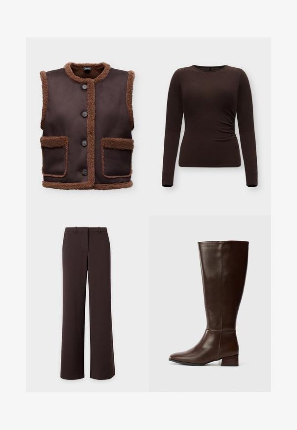 Gilet sans manches marron foncé avec bordure et doublure en peau lainée douce, fermeture devant par boutons, et deux poches plaquées à l'avant avec bords en peau lainée.; Haut marron foncé ajusté à manches longues avec encolure ronde et détail froncé sur le côté droit, présenté sur un fond clair uni.; Pantalon large marron foncé avec passants pour ceinture et fermeture avant dissimulée, présenté à plat sur fond blanc.; Botte en cuir brun foncé, haute, avec un petit talon bloc et une finition lisse, vue de profil sur fond blanc.