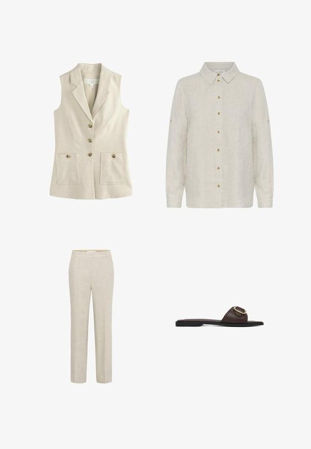 Mouwloze beige linnen blazer met reverskraag, vier knopen aan de voorkant en twee knoopzakken.; Lichtbeige linnen overhemd met lange mouwen, een puntige kraag, knopen aan de voorkant, een borstzak en knoopsluitingen op de mouwen om op te rollen.; Licht beige linnen broek met een rechte snit, voorzien van een platte voorkant, zijzakken en strakke lijnen voor een minimalistisch ontwerp.; Bruine platte slidesandaal met een brede band en gouden gespdetail op een zwarte zool tegen een witte achtergrond.