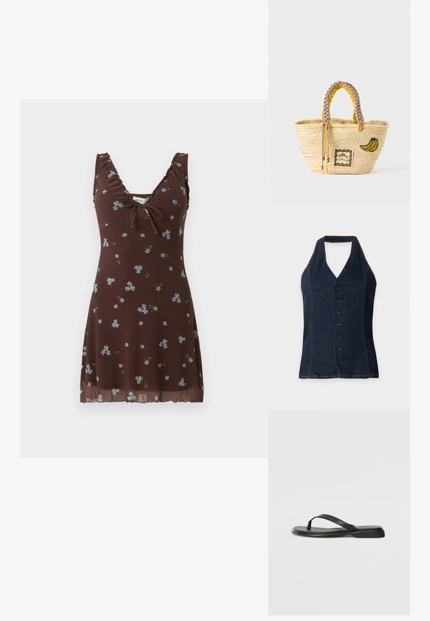Haut sans manches en denim bleu foncé, style dos-nu, avec des boutons à l'avant et des coutures contrastées visibles sur un fond clair.; Robe marron sans manches avec petit imprimé floral bleu, bretelles froncées, col en V et détail noué à l'avant.; Tongs noires en cuir lisse, avec un design de sangle fine et une semelle plate à profil minimal. Aucun motif ou accent notables.; Sac cabas en paille tissée avec des anses tressées jaunes et beige, décoré d'un patch banane et d'un petit motif poisson encadré à l'avant.