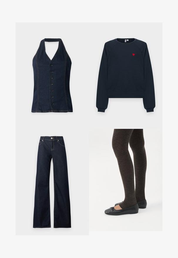 Σκούρο μπλε denim αμάνικο τοπ halter με κουμπιά μπροστά και εμφανείς ραφές αντίθεσης σε ανοιχτό φόντο.; Μακρυμάνικο φούτερ σε ναυτικό μπλε με στρογγυλή λαιμόκοψη και μικρή κόκκινη καρδιά κεντημένη στο αριστερό στήθος.; Σκούρο μπλε τζιν με φαρδιά μπατζάκια, κούμπωμα με κουμπί, θηλιές για ζώνη, μπροστινές τσέπες και αντίθετη ραφή.; Πόδια με σκουρόχρωμα ριμπ κολάν συνδυασμένα με μαύρα μπαλαρίνα παπούτσια με μικρές λεπτομέρειες φιόγκων σε λευκό φόντο.