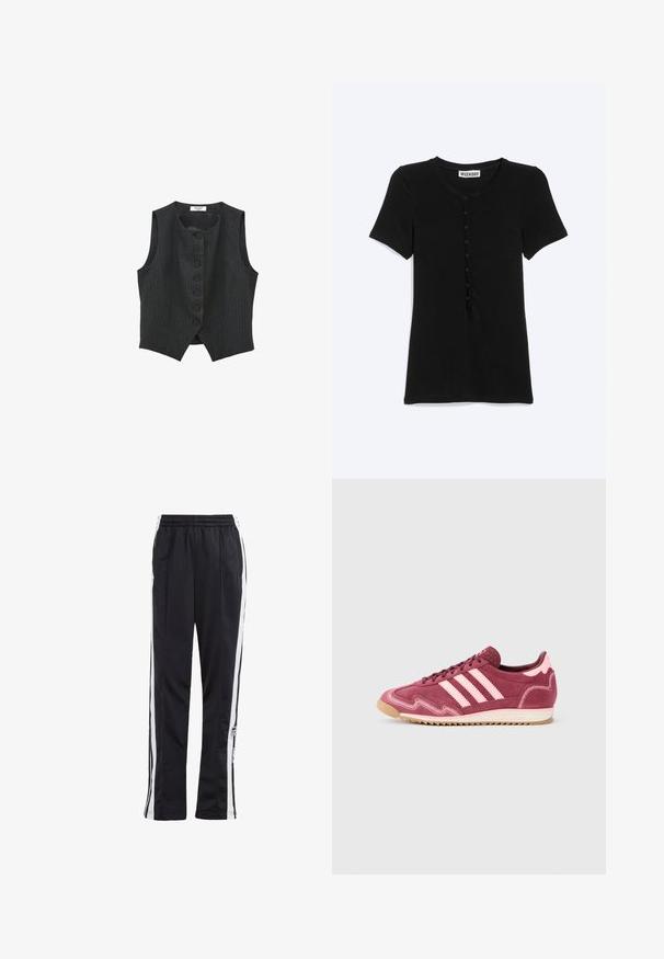 Mørkegrå stribet vest med rund halsudskæring, ærmeløs design og lukning foran med jævnt fordelte knapper.; Sort kortærmet skjorte med rund halsudskæring og knaplukning foran, mærket "Weekday", vist mod en ensartet hvid baggrund.; Sorte træningsbukser med hvide sidelister, elastisk talje og et logo-patch. Fremstillet af glat, letvægtsstof. Lige ben design.; Vinrøde og lyserøde ruskinds-sneakers med tre lyserøde striber, tekstureret overflade og en sål af gummigummi. Har detaljeret syning som accenter.