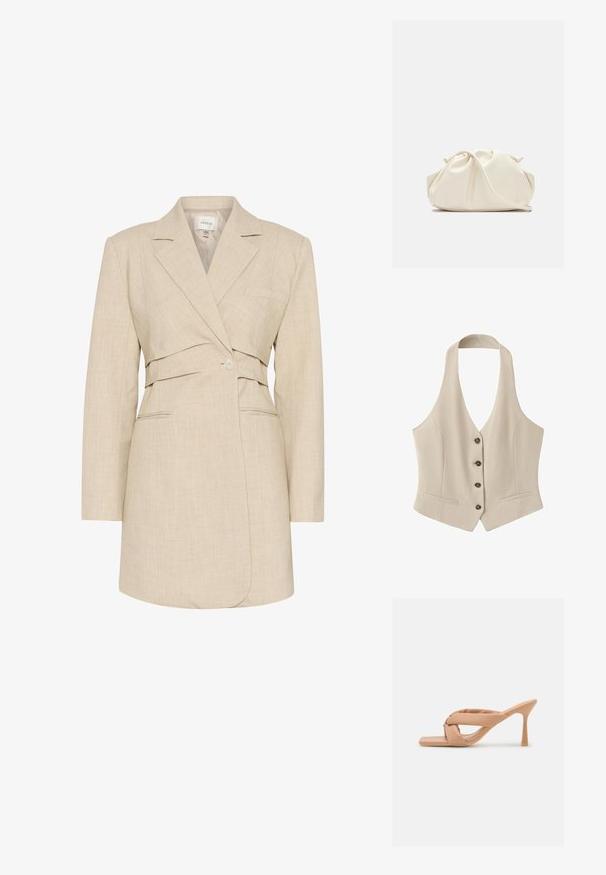 Beige mouwloze haltervest met vier knopen aan de voorkant en twee kleine horizontale voorzakken, getailleerde pasvorm.; Beige blazer van een gestructureerde linnenstof, met een enkele knoop sluiting, notch revers en twee voorkruiszakken. Strakke pasvorm met een getailleerde taille.; Glamorous Muiltjes met hak - camel; Zachte, crèmekleurige leren clutch met geplooid, gerimpeld ontwerp en een dunne schouderriem die vooraan op een effen achtergrond ligt.