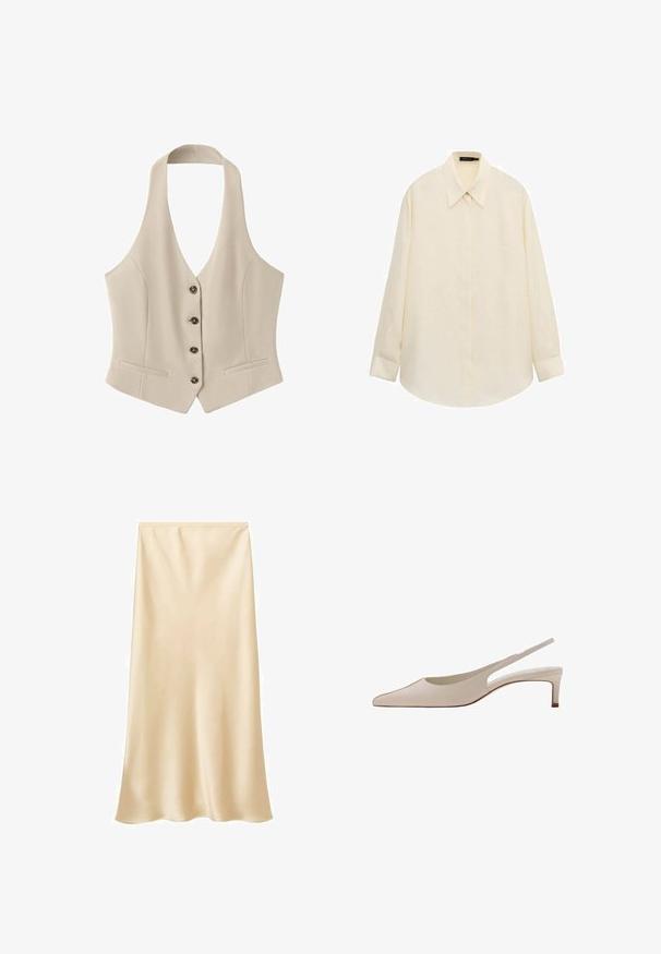 Gilet beige sans manches à col halter avec quatre boutons sur le devant et deux petites poches horizontales avant, coupe ajustée.; Chemise boutonnée à manches longues de couleur crème avec col pointu et patte de boutonnage cachée, posée à plat sur un fond blanc.; Jupe midi en satin de couleur beige clair. Texture lisse, design fluide avec un ourlet légèrement évasé. Pas de fermetures ou d'ornements visibles.; Chaussure slingback en cuir beige avec bout pointu et petit talon bloc, vue de côté sur fond blanc.
