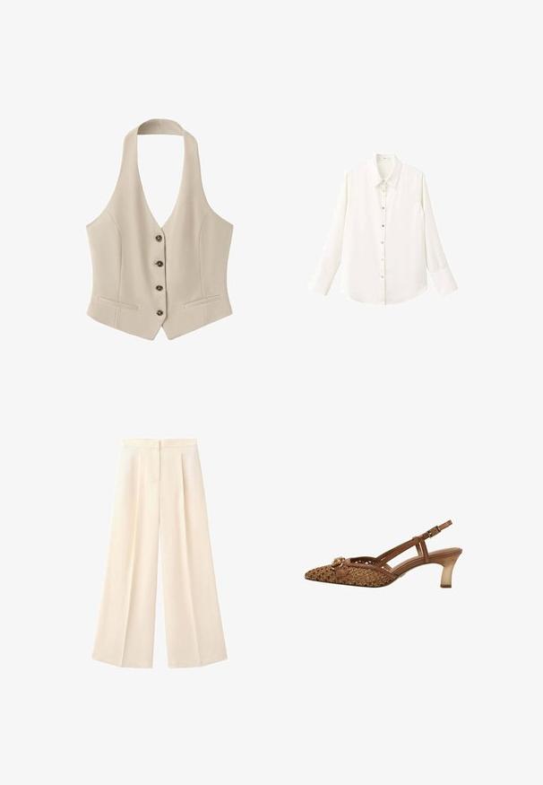Gilet beige sans manches à col halter avec quatre boutons sur le devant et deux petites poches horizontales avant, coupe ajustée.; Chemise blanche à manches longues avec col classique et fermeture boutonnée à l'avant ; elle est conçue dans un tissu léger et lisse avec un ourlet arrondi.; Pantalon crème taille haute à jambes larges avec plis devant et fermeture dissimulée par boutons et zip.; Chaussure slingback tissée marron avec un bout pointu, des fines lanières, un accent de boucle décorative et un talon transparent de hauteur moyenne.