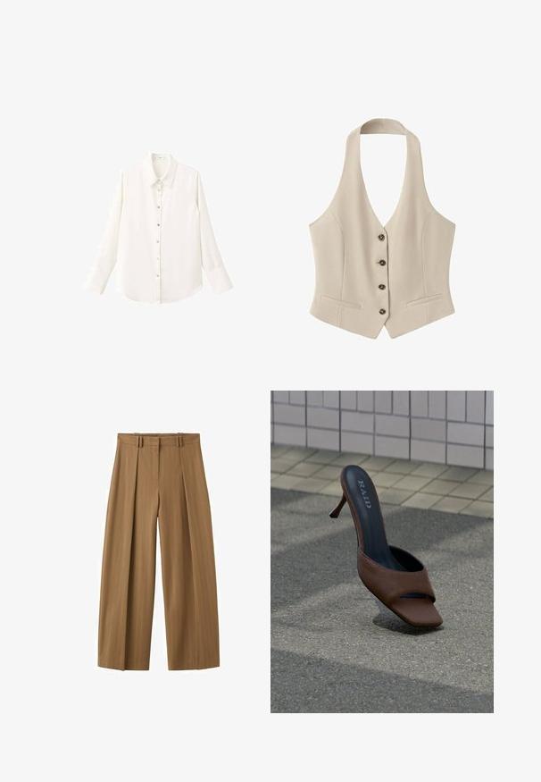 Gilet beige sans manches à col halter avec quatre boutons sur le devant et deux petites poches horizontales avant, coupe ajustée.; Chemise blanche à manches longues avec col classique et fermeture boutonnée à l'avant ; elle est conçue dans un tissu léger et lisse avec un ourlet arrondi.; Pantalon marron taille haute à jambes larges avec fines rayures, plis sur le devant, passants pour ceinture et fermeture éclair dissimulée sur le devant.; Mule marron à talon haut et bout ouvert avec le nom de la marque « RAID » sur la semelle intérieure, posée sur l'asphalte près d'un mur carrelé.
