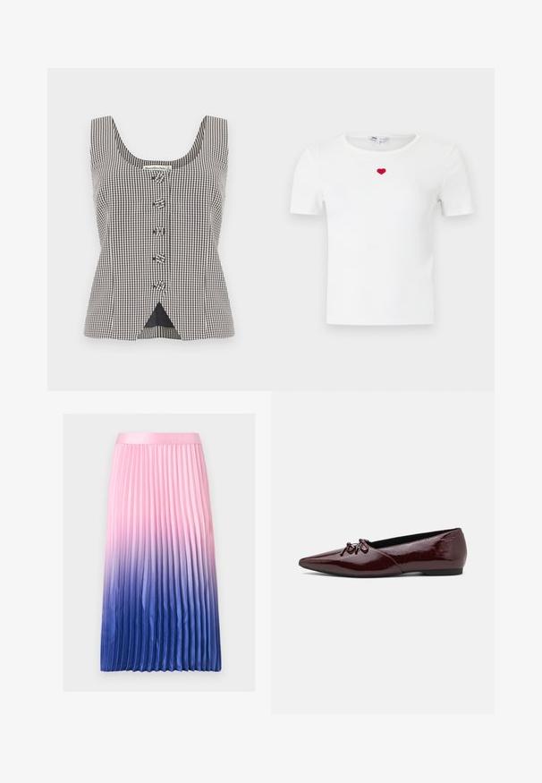 Blusa sin mangas de cuadros en blanco y negro con cinco botones en el centro y una pequeña abertura triangular en el dobladillo delantero.; Camiseta blanca de manga corta con costillas y un pequeño corazón rojo bordado en el centro del pecho, justo debajo del escote.; Falda midi plisada con un degradado de color que va de rosa claro en la cintura a azul intenso en el dobladillo.; Bailarinas de charol burdeos con puntera puntiaguda y un lazo decorativo en la parte delantera. Textura suave con un tacón bajo y plano.
