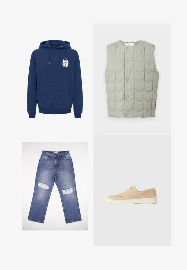 Lysegrøn ærmeløs quiltet vest med trykknapper og geometrisk chevron-syningsmønster, label synlig inde i halsområdet.; Marineblå hættejakke lavet af blødt stof, med en front kanguro lomme, snore-i-hætten og et hvidt grafisk tryk på brystet.; Lyseblå denimjeans med høj talje, lige ben og to slidte pletter foran. Klassisk design med fem lommer.; Beige ruskinds snørresko med en hvid gummisål. Har et quiltet design og en lavt snit, hvilket giver en enkel, minimalistisk stil.