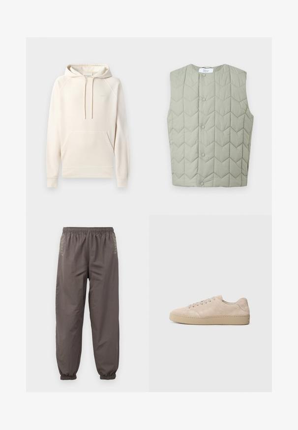 Hellgrüne ärmellose gesteppte Weste mit Druckknöpfen und geometrischem Chevron-Steppmuster, Etikett im Nackenbereich sichtbar.; CLOSED Kapuzenpullover - blush pink; Dunkelgraue, elastische Hosen mit lockerer Passform. Mit gerafften Bündchen und dezentem Stickerei an den Seiten. Leichter Stoff.; Beige Wildlederschuh mit einer runden Zehenform, flachen Schnürsenkeln und einer strukturierten Gummisohle. Minimalistisches Design mit glatten Kanten und dezenten Nähten.