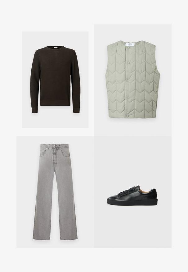 Veste matelassée sans manches vert clair avec boutons-pression et motif de piqûres géométriques en chevron, étiquette visible à l'intérieur du col.; Un pull tricoté marron foncé avec un motif texturé, un col rond et des poignets côtelés. Présente une coupe décontractée et sans embellissements visibles.; Jean denim gris à taille haute, jambes droites, avec poches avant et arrière, passants pour ceinture et fermeture à bouton.; Baskets en cuir noir avec une texture lisse, bout rond et fermeture à lacets. Comprend une semelle en caoutchouc épaisse et un minimum de détails de marque.