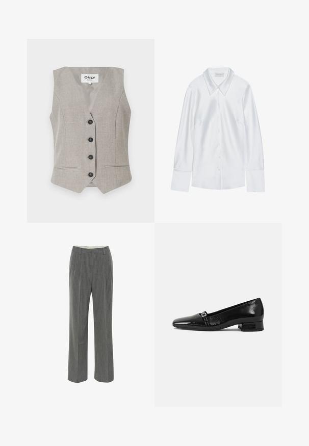 Gilet gris clair en tissu texturé, en V, avec cinq boutons noirs et deux poches avant. Présente une forme cintrée et sans manches.; Chemise blanche à manches longues avec un col classique, dotée d'une fermeture à boutons sur le devant et d'une texture lisse, fabriquée en tissu léger avec un éclat subtil.; Pantalons gris à rayures fines avec une coupe ajustée, un devant plat et un design à jambe large. Fabriqués en tissu lisse et léger.; Ballet flats en cuir verni noir avec un bout pointu, un petit talon carré et un détail de boucle métallique sur la sangle. Texture lisse.