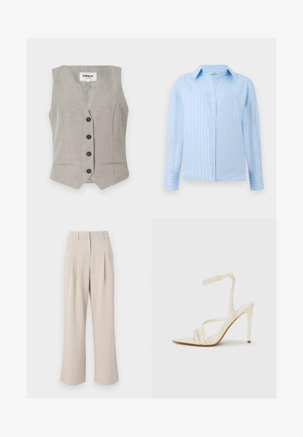 Gilet gris clair en tissu texturé, en V, avec cinq boutons noirs et deux poches avant. Présente une forme cintrée et sans manches.; Chemise bleu clair avec des rayures verticales blanches, fermeture à boutons sur le devant, col, manches longues et texture de tissu lisse et légèrement brillante.; Pantalons larges beige à taille haute, dotés de plis à l'avant, d'une texture lisse et d'un design ajusté. Pas de poches visibles ni de décorations.; Sandales à talons hauts beiges avec un bout pointu, comportant trois brides à l'avant et une fine bride à la cheville avec une boucle. Texture lisse, design minimaliste.