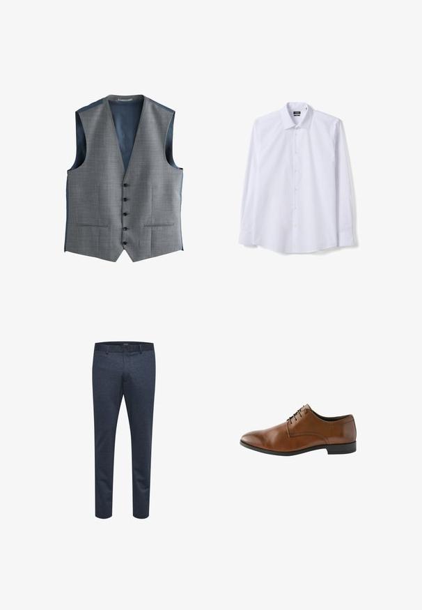 Chaleco formal gris de hombre con cinco botones negros y dos bolsillos delanteros, sin mangas y forrado con tela azul oscuro.; Camisa blanca de vestir de manga larga con botones, cuello clásico y puños, presentada extendida sobre un fondo blanco.; Pantalones azul marino de tejido texturizado con corte ajustado, que cuentan con cierre de botón y trabillas para cinturón, adecuados para uso casual o formal.; Zapato de vestir de cuero marrón con un acabado suave, punta redondeada y detalles de costura sutiles. Tiene suela de goma negra y cordones.