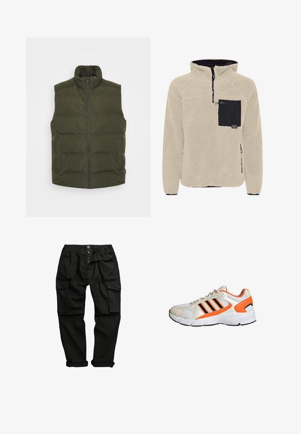 Oliven grøn puffer-veste med høj krave, frontlynlås og to sidelommer. Glat overflade med syede paneler til isolering.; Beige fleece sweatshirt med en sort brystlomme. Har en lynlås lukning og et tekstureret stof. Hætte-design med kontrastdetaljer.; Sorte cargo-bukser lavet af bomuldsblanding. Funktioner inkluderer flere lommer, elastisk talje og en let indsnævret ben-design.; Sportssko med en overdel i hvid mesh og orange- samt sorte detaljer, tykk sål og tre sorte striber på siden.