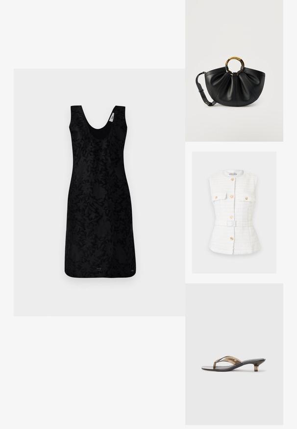 Veste sans manches blanche texturée avec boutons dorés, deux poches poitrine, encolure ronde et ceinture assortie en tissu à la taille.; Robe noire sans manches avec un décolleté en V, présentant un motif floral texturé sur l'ensemble. Le design est structuré, avec une silhouette ajustée.; Tongs à talon transparent avec un design de fine sangle, dotées d'un semelle noire et d'accents marron clair, offrant une esthétique minimaliste.; Sac à main en cuir noir avec un corps large plissé, des poignées circulaires en écaille de tortue et une bandoulière réglable sur un fond neutre.