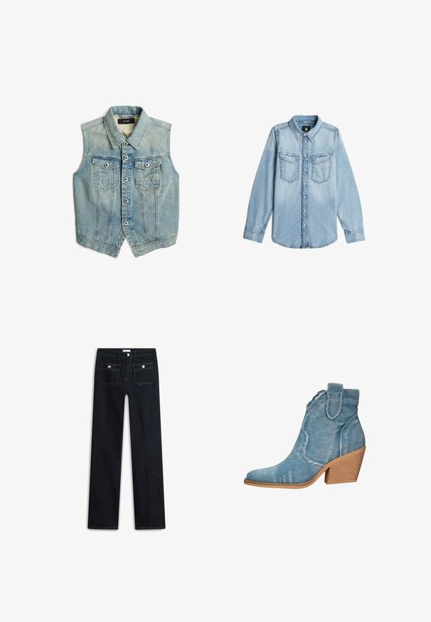 Hellblaue ärmellose Jeansweste mit Kragen, vorderer Knopfleiste und zwei Brusttaschen mit Knöpfen.; Helles blaues Denim-Hemd mit langen Ärmeln, Kragen, aufknöpfbarem Frontverschluss und zwei Brusttaschen mit Knopfklappen.; Dunkelblaue Jeans aus Denim mit geradem Bein, ausgestattet mit zwei vorderen Taschen und sichtbaren Ziernähten. Kein sichtbares Used-Design.; Blaue Denim-Ankle-Boots mit spitzer Zehenform, distressed Textur und einem blockartigen Holzabsatz. Verfügt über seitliche Schlaufen für ein einfaches Anziehen.