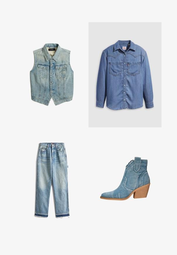Hellblaue ärmellose Jeansweste mit Kragen, vorderer Knopfleiste und zwei Brusttaschen mit Knöpfen.; Hellblaues Jeanshemd mit spitzem Kragen, zwei Brusttaschen und Druckknöpfen. Verfügt über ein Western-Stil Rückenpasse-Design.; Hellblaue Denim-Jeans mit geradem Bein, mit einem ausgefransten Saum. Standardtaschen und sichtbare Nähdetails überall.; Blaue Denim-Ankle-Boots mit spitzer Zehenform, distressed Textur und einem blockartigen Holzabsatz. Verfügt über seitliche Schlaufen für ein einfaches Anziehen.