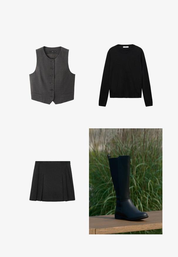 Gilet gris foncé avec un motif à carreaux, six boutons à l'avant et deux poches latérales. Tissu lisse et design sans manches.; Pull noir à manches longues en matière douce avec un col rond et des poignets côtelés, présentant un design simple et droit.; Jupe mini plissée noire avec une texture lisse, dotée d'une taille et de plis régulièrement espacés qui créent une silhouette évasée.; Botte noire montant jusqu'au genou en cuir lisse avec un bout arrondi et une semelle plate. Présente un design simple avec une languette de tirage en haut.