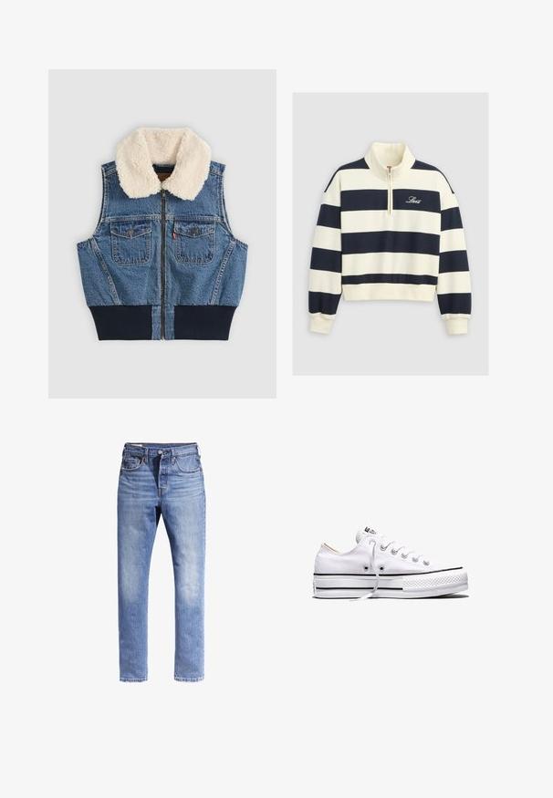 Denimvest med forreste lynlås, to brystlommer med knapper, ribkant i taljen og hvid fleecekrave på ensfarvet baggrund.; Halv-zip sweatshirt med brede marineblå og cremefarvede vandrette striber, ribstrikkede manchetter og kant samt "Levi's" broderet på brystet.; Lysblå denimjeans med lige ben-design, fem lommer og kontrastsyninger. Stoffet ser let slidstært ud.; Hvid lavtop lærredssneakers med hvide snørebånd, sorte striber på sålen og gummieret tekstureret tåhætte, sidevendt på hvid baggrund.