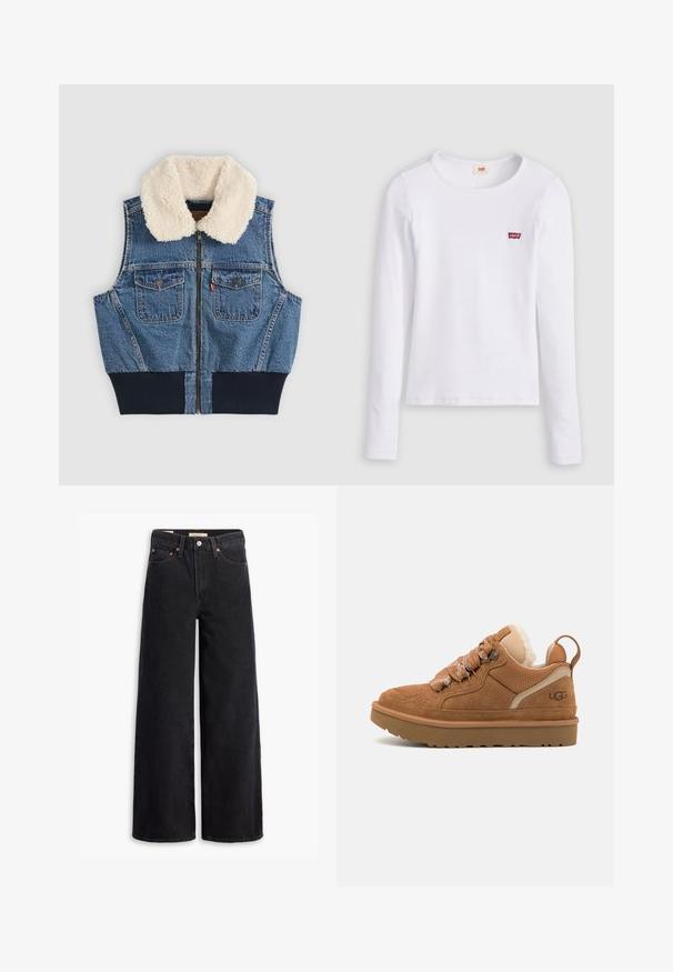Denimvest med forreste lynlås, to brystlommer med knapper, ribkant i taljen og hvid fleecekrave på ensfarvet baggrund.; Hvid Levi's langærmet skjorte med rund halsudskæring og lille rødt Levi's-logo på venstre bryst, vist på en ensfarvet baggrund.; Sorte brede benjeans lavet af denim, med fem lommer, kobbernitter og en klassisk knaplukning. Glat tekstur med et rent design.; Brune ruskind sneakers med mesh-detaljer, teksturerede snørebånd og en gummisål; har en polstret krave og en bageste pull-tab.