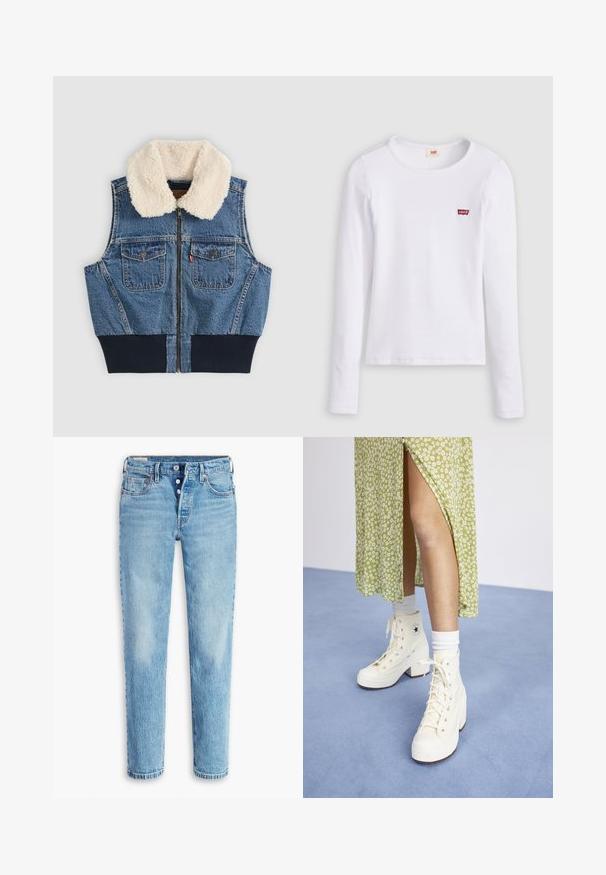 Denim-vest eesmine tõmblukk, kaks rinnataskut nööpidega, soonikvöö ja valge fliiskrae üheltaustal.; Valge Levi's pikkade varrukatega särk ümmarguse kaelusega ja väikese punase Levi's logoga vasakul rinnal, esitletud ühevärvilise taustal.; Heleheles sinine teksapüksid otse lõikega, viie-tasku stiiliga ja nööbiga sulgemine. Omab pleekinud alasid ja hõõrdumisi tekstuuri jaoks.; Valged kõrged platvormi tossud paelte ja hõbedaste silmadega, koos valgete lühikeste sokkidega, helesinise põranda taustal.