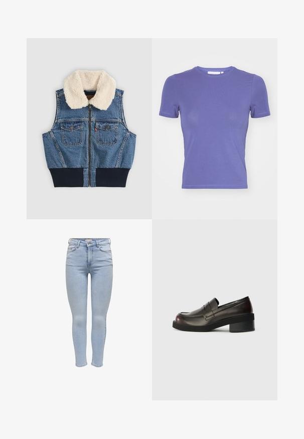 Denim-vest eesmine tõmblukk, kaks rinnataskut nööpidega, soonikvöö ja valge fliiskrae üheltaustal.; Weekday SLIM FITTED - Lihtne T-särk - purple; Heledad sinised skinny teksad, mis on valmistatud denimist, viis taskut, tõmblukk ning sujuv tekstuur minimaalse kulumisega.; Tumed pruunid nahast loafersid ümarate varvastega, õmblemiste koolutustega ja mõõduka plokknõelaga. Sile tekstuur, minimalistlik disain.