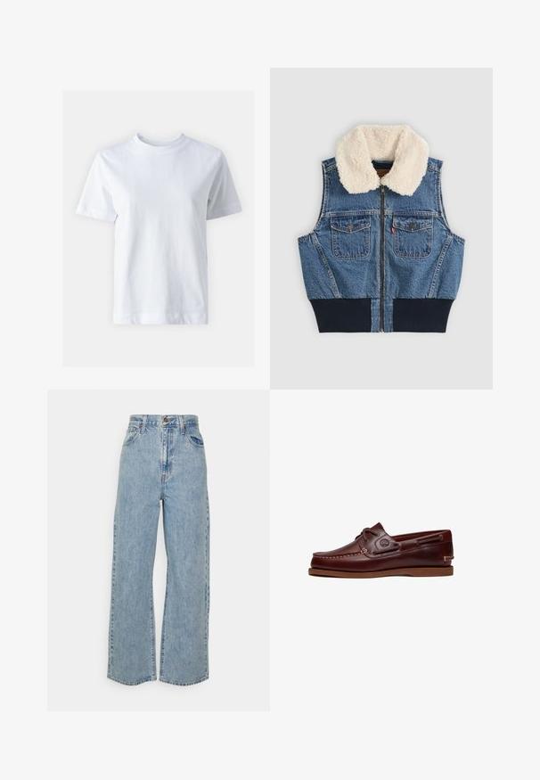 Veste en denim avec fermeture éclair à l'avant, deux poches poitrine boutonnées, ceinture côtelée et col en polaire blanc sur fond uni.; T-shirt en coton blanc avec un col rond, manches courtes, coupe droite et texture lisse. Sans motifs ni embellissements.; Jean en denim bleu clair à taille haute, à jambes larges, avec fermeture à bouton et zip à l'avant, et design à cinq poches sur fond uni.; Chaussure bateau en cuir marron avec lacets, détails de couture et logo Timberland sur le côté, présentée sur un fond blanc.