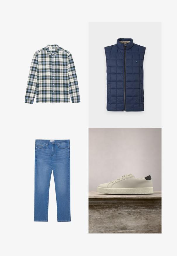 Gilet sans manches bleu marine avec un design matelassé, col montant, fermeture éclair à l'avant et broderie discrète du logo sur la poitrine.; Chemise carreaux verts et blancs avec des accents bleus, dotée d'un col boutonné, de manches longues et d'une poche poitrine. Fabriquée en tissu doux.; Jeans en denim bleu clair avec une coupe droite, design à cinq poches, décoloration subtile et accents en métal au niveau de la taille et des poches.; Baskets blanches avec semelle texturée et détail noir au talon, flottant au-dessus d'un banc en bois avec de hautes herbes vertes en arrière-plan.