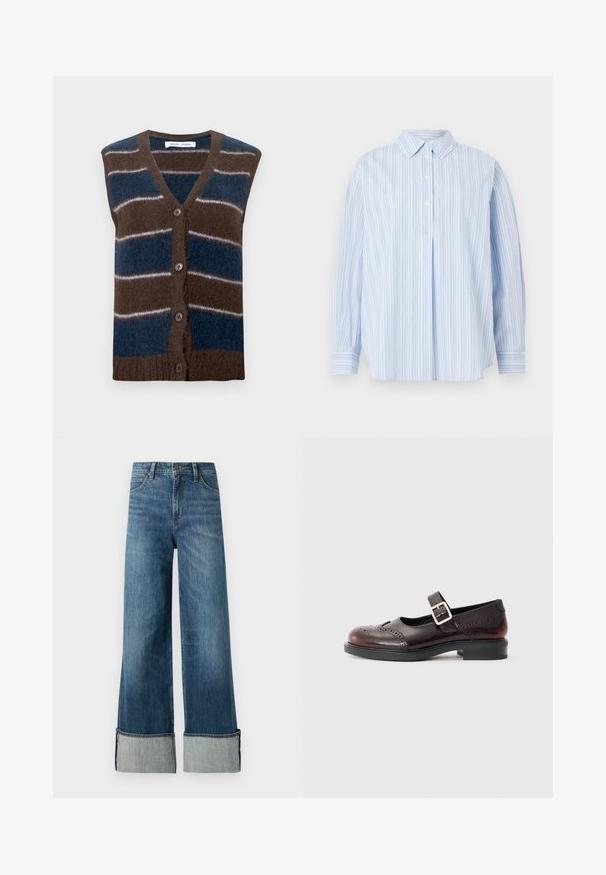 Chaleco sin mangas a rayas marrones y azules con escote en V, cinco botones delanteros y material suave y texturizado.; Camiseta de manga larga azul claro con rayas verticales blancas, tres botones blancos en la tapeta frontal y cuello clásico sobre fondo liso.; Lee STELLA - Pernera ancha - richter; Zapato al estilo Mary Jane en charol burdeos oscuro, con detalles perforados y una correa con hebilla. Tacón bajo, punta redonda.