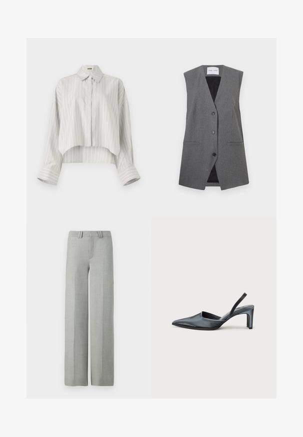 Grå stribet vest med V-udskæring, uden ærmer, to forlommer og en enkelt knaplukning. Indersiden er sort.; Stribet bluse med en cropped design, lavet af let væv. Har knaplukning foran, krave og brede, rullede manchetter. Lys grå og hvid.; Grå bredbensbukser i et letvægtsmateriale, med flad front, bæltehuller og rene, skræddersyede linjer uden synlige mønstre.; Sort slingback-hæl med spids tå, slank satinfinish og en slank hæl på 3 tommer. Åben sidedesign med minimal syningsdetalje.