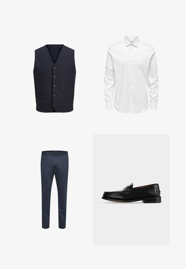 Chaleco formal de hombre de color gris oscuro con cinco botones y dos pequeños bolsillos delanteros, sin mangas y con diseño de cuello en V.; Camisa de vestir blanca para hombre de manga larga con cuello puntiagudo y fila frontal de botones blancos sobre un fondo liso.; Pantalones azul marino de tejido texturizado con corte ajustado, que cuentan con cierre de botón y trabillas para cinturón, adecuados para uso casual o formal.; Mocasín masculino de cuero negro con tacón bajo y costura estilo mocasín en la puntera, mostrado de lado sobre un fondo liso.