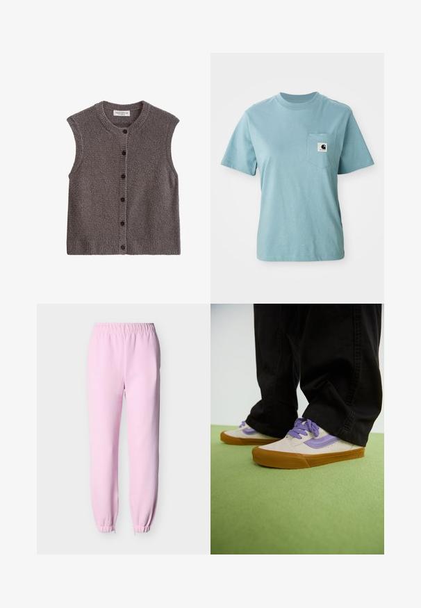 Cardigan sans manches marron, tissu tricoté texturé, col et ourlet côtelés, avec des boutons noirs sur le devant.; T-shirt en coton léger bleu clair à manches courtes avec poche poitrine affichant un petit patch logo Carhartt noir et blanc.; Pantalon de survêtement rose clair avec taille élastique et poignets aux chevilles, présenté sur un fond clair uni.; Baskets beige clair avec des accents violets, semelle en caoutchouc, et lacets plats. Portées avec un pantalon noir, présentées sur une surface texturée verte.