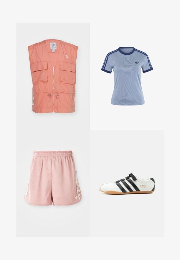 Kerge korallivärvi veste, millel on ees lukuga sulgemine, kaks suurt klapipakki, reguleeritav nööriga vöökoht ja diskreetne bränding rinnal.; Heleroheline lühikeste varrukatega Adidas T-särk tume sinise äärisega krae ja mansettide ümber, kolm tumedat sinist triipu õlgadel ning Adidas logo rinnal.; Roosa sportlikud lühikesed püksid elastse vöökoha, külgedel valgete triipudega ja väikese logoga vasakul all ees. Sile kangastekstuur.; Valge Adidas Tokyo tennari mustade triipude, mustade takjakinnitustega ja kummist tallaga, näidatud küljelt valgel taustal.
