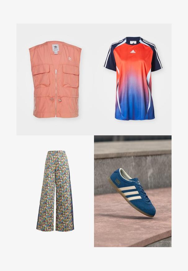 Ľahká koralová vesta s predným zipsom, dvoma veľkými vreckami na klopu, nastaviteľným pásom na sťahovanie a subtilným logom na hrudi.; Adidas športová košeľa s krátkym rukávom s gradientom od červenej po modrú, s námorníckymi akcentmi a bielymi pruhmi pozdĺž ramien.; Široké květinové nohavice s modrým pozadím, které mají pestrý vzor červených, žlutých a modrých květin a elastický pás.; Modrá semišová teniska s krémovými pruhmi a šnúrkami, podrážka z gumy, textúrovaný povrch, zaoblená špička a logo na boku.
